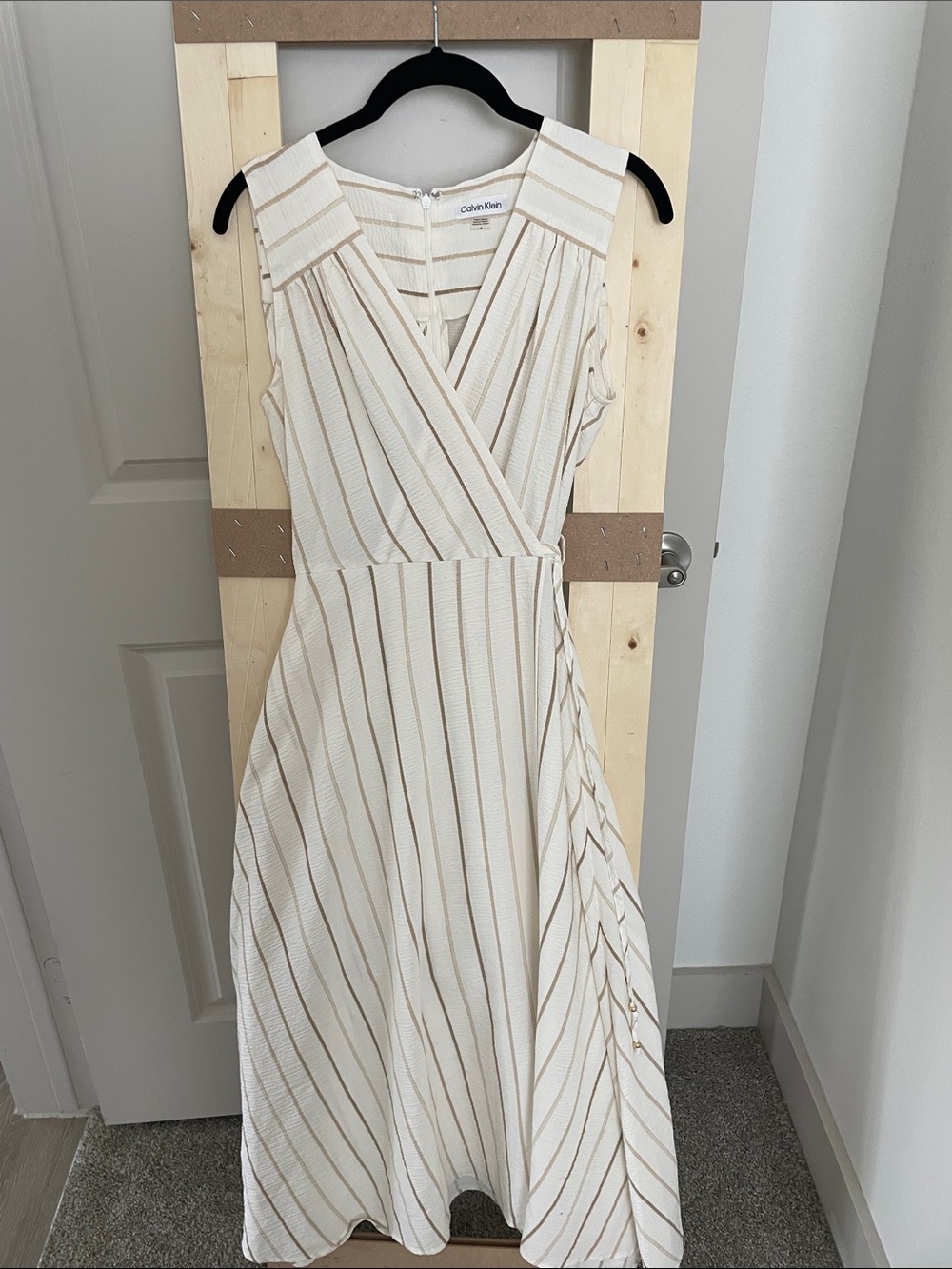 Calvin Klein Cream Midi Dress with Tan/Gold Pinstripes
